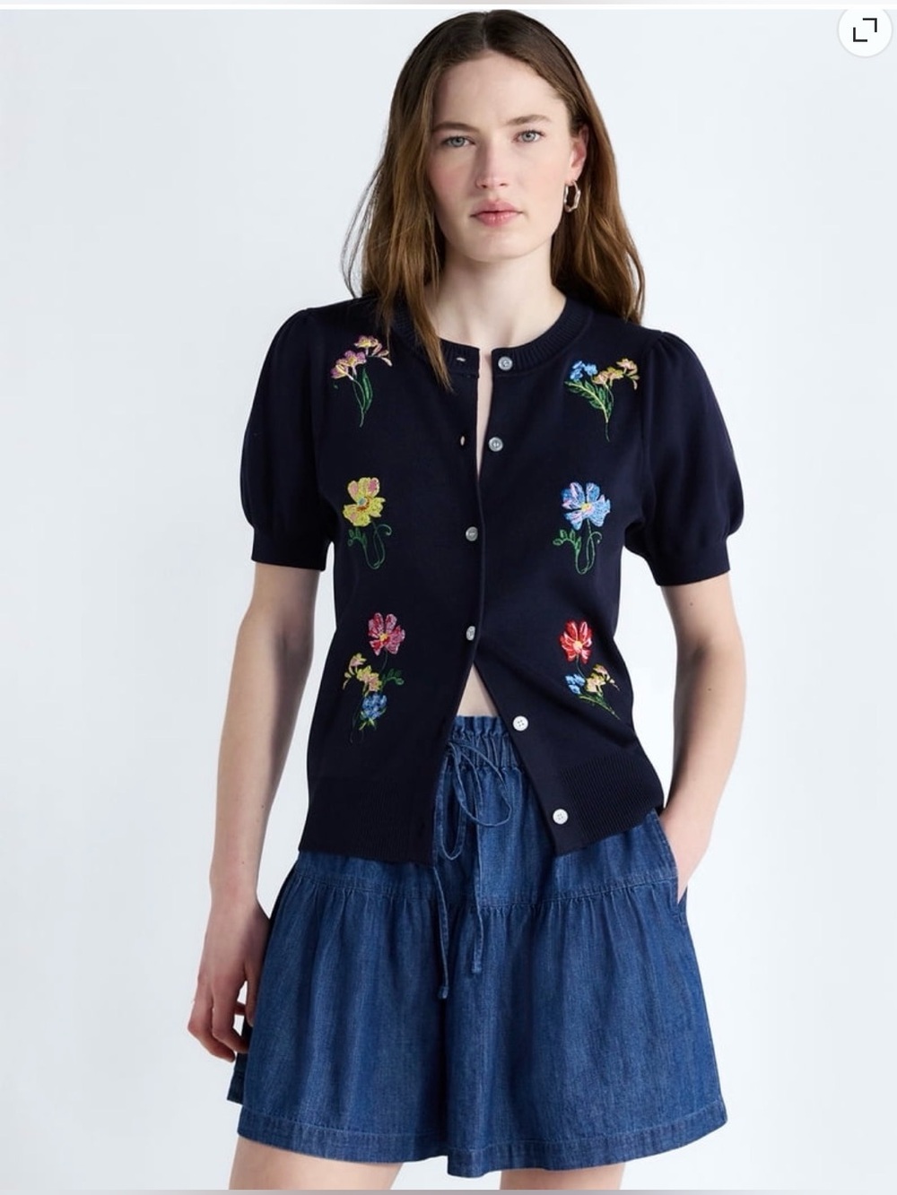 Embroidered Navy Short-Sleeve Cardigan Sweater